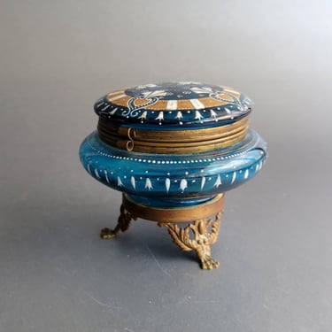 Footed jewelry box Teal glass trinket dish Crack at the bottom Vanity collection for her 