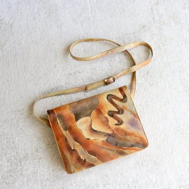 painted leather cross body bag - vintage 90s y2k brown tan beige hand painted shoulder purse handbag 
