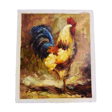 Vintage Impressionist Oil Painting of Standing Blue Tail Rooster 