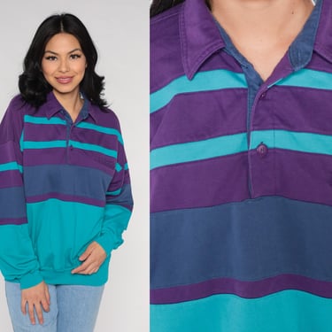 Striped Polo Sweatshirt 90s Long Sleeve Turquoise Blue Purple Color Block Sweatshirt 1990s Button Up Collared Vintage Large L 