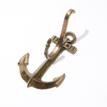 Brass Wall Mount Hook, Navy Style Anchor, 6" Tall, 1970s 