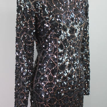 1980s, 1990's, Black Tie, Sequin Cocktail Dress, Sexy Back, Beaded, Trophy, Sparkle Dress,  Size 10 