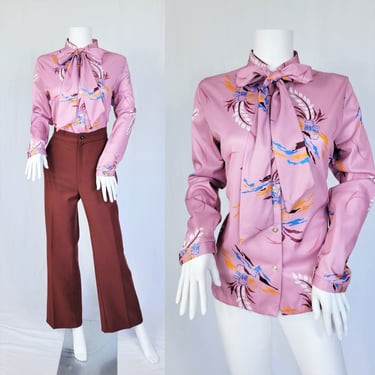 1970's Pink Poly Floral Print Pussy Bow Button Down Shirt I Top I Blouse I Sz Med 