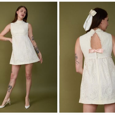Vintage 1960s 60s Floral Lace Empire Waist Sleeveless Mini Dress w/ Open Keyhole Back // Bridal, Elopement, Wedding 
