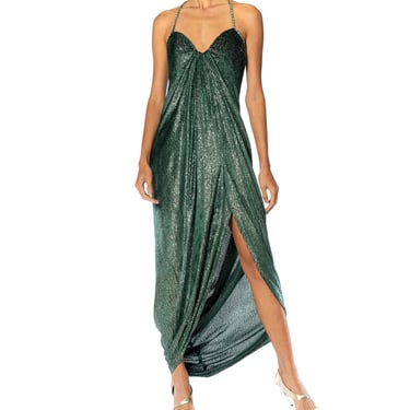 1970S Oscar De La Renta Emerald Green  Silver Silk Lurex Metallic Devoré Velvet Gown With Crystal Straps Internal Bustier 