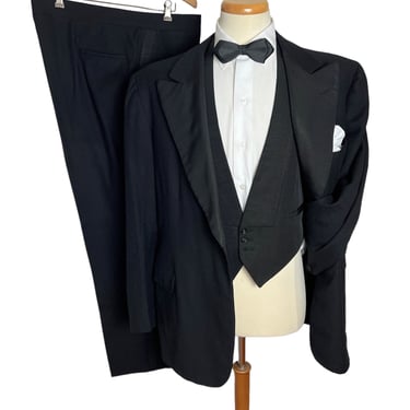 Vintage 1930s 3pc Wool TUXEDO ~ 42 to 44 Long ~ Peaked Lapel Suit / Tux ~ Button-Fly Pants ~ Vest / Waistcoat ~ 