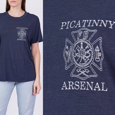 70s 80s Picatinny Arsenal Fire Department Tee - Unisex Medium | Vintage Navy Blue Distressed Graphic Military T Shirt 