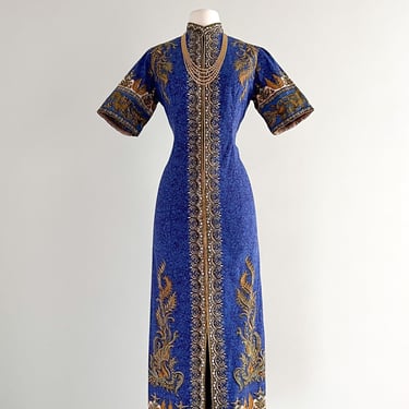 Incredible 1970's Cobalt Blue &amp; Gold Batik Kaftan Dress / Sz M