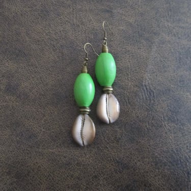 Cowrie shell earrings, long wooden earrings, African Afrocentric earrings, seashell earrings, exotic ethnic earrings, Kelly green earrings 