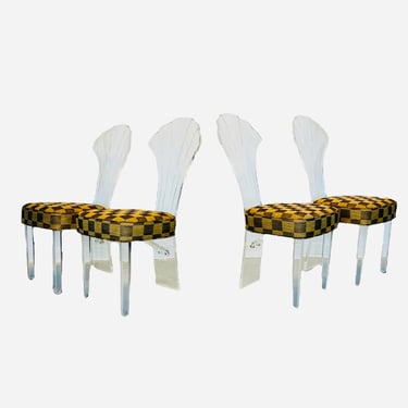 Postmodern Set of Four Scalloped Back Lucite Dining Chairs, MCM Hollywood Regency Lucite Chairs 