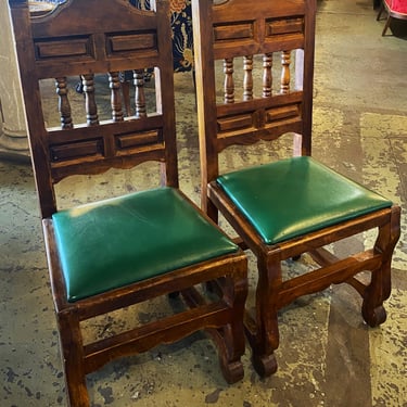 Carved Back Antique Dining Chair w Green Seat PAIR