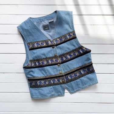 striped denim vest 90s vintage Liz Wear floral ribbon embroidered jean vest 