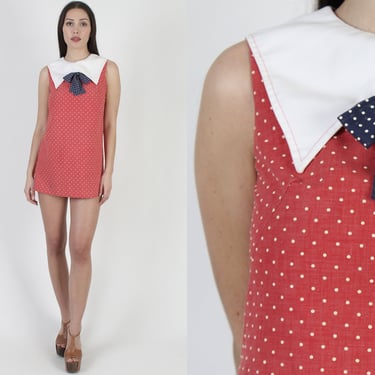 70s Mod Nautical Scooter Dress, Vintage Polka Dot Micro Mini, Sailor Style Bow Collar, Fit N Flare Sexy Short Frock 