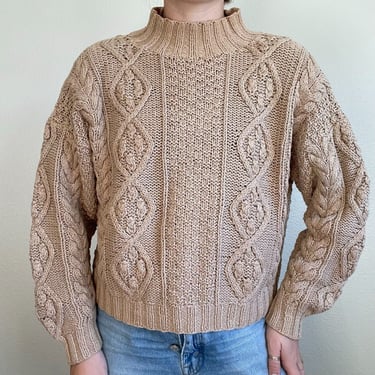 Vintage 80s Womens Brown Cotton Chunky Knit Fisherman Cropped Sweater Sz M 