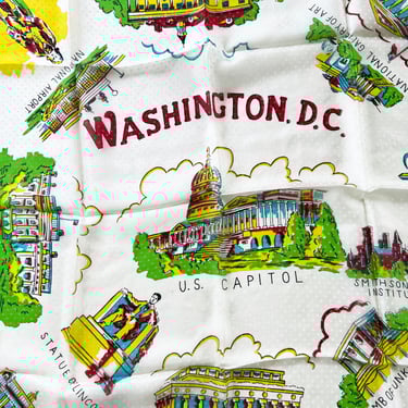 Washington DC Souvenir SILK Scarf with Illustrated Scenes, Cherry Blossoms, White House, Lincoln Memorial, American History Buff, USA 