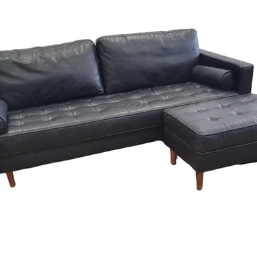 Black Leather Mid Century Modern Couch & Ottoman