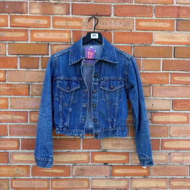 vintage 70s blue denim snap button cropped jacket / xs extra small 