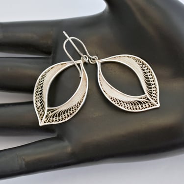 70's 960 silver filigree open leaf hippie dangles, unusual fine silver curved leaves boho earrings 