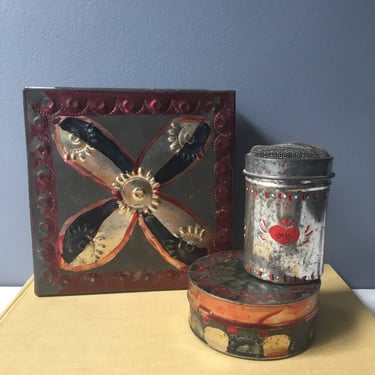 Red and black folk art tins - set of 3 - vintage folk decor 