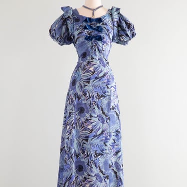 Luscious 1930's Cold Rayon Garden Print Gown With Blue Velvet Bows / Medium