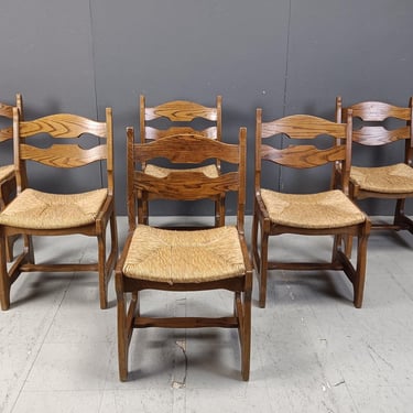 Vintage oak and wicker dining chairs, 1960s - brutalist dining chairs - vintage dining chairs - oak dining chairs 