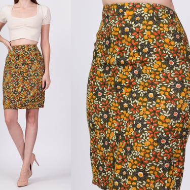 60s 70s Floral Fitted Mini Skirt - Small, 25.5