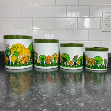 Vintage Mushroom Kitchen Canisters, Green Orange Yellow Mushroom Butterfly Flower Kitchen Containers Jars, 1960s 1970s MCM Kitchen, Japan 