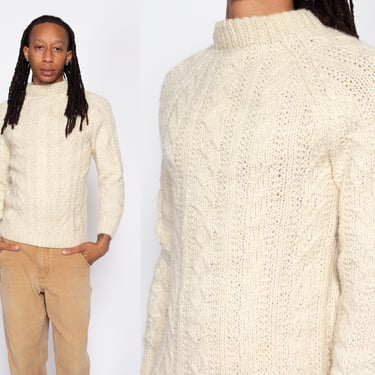 Small 70s 80s Cream Wool Cable Knit Sweater | Vintage Funnel Neck Hand Knit Fisherman Pullover 