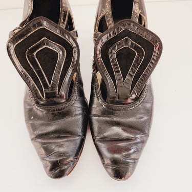 20s Black Leather Shoes Pumps Velvet Art Deco Vamps Size 6 Hanan  and  Son 
