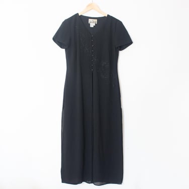 Sheri Martin New York | Vintage 90’s Black Short Sleeve Duster Top | Size 8, Sheer, Bead Floral Design / Minimalist, Blouse, Feminine, Retro 