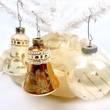 3 Set Vintage Glass Ornaments | Cream & Gold | 1 Shiny Brite, 2 Krebs Bells 