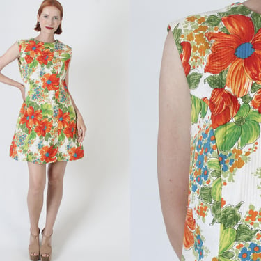 Colorful 60s Floral Scooter Dress, Cotton Mod Frock With 1 Pocket, Vintage Channel One Beach Sundress 