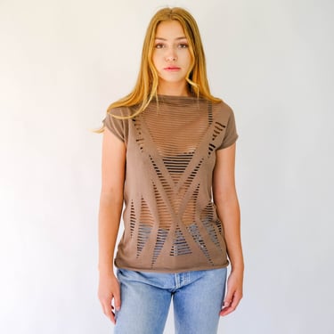Vintage 90s KRIZIA Fawn Cotton Blend Sleeveless Top w/ Sheer Geometric Design | Made in Italy | UNWORN DEADSTOCK | 1990s Y2K Designer Shirt 