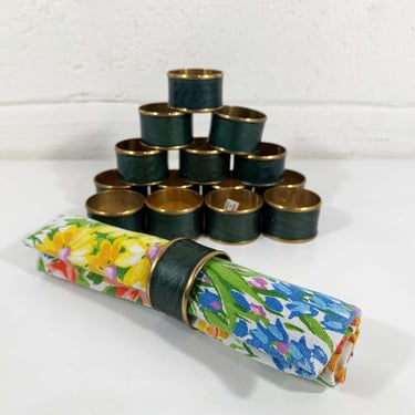 Vintage Napkin Rings Set of 15 Ring Gold Metal BrassDinner Table Party Dark Green Enamel Serviette Rings 1970s 1980s 