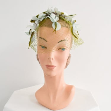 1950s/60s Olive Green Velvet Bow and Floral Whimsy Hat 