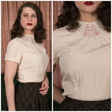 1940s Blouse - Gorgeous Vintage 40s Ivory Silk Blouse with Crocheted Lace Neckline 