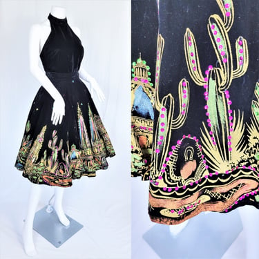 Maya de Mexico 1950's Black Velvet Mexican Souvenir Sequin Circle Skirt I Sz Med I Guadalajara, San Juan de Los Lagos 