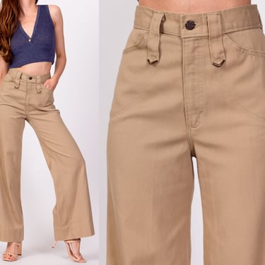 70s High Waisted Khaki Twill Flared Pants - Extra Small, 24" | Vintage H.I.S. Retro Flares Hippie Trousers 