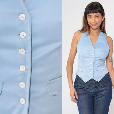 Vintage Baby Blue Vest 70s I Magnin Button Up Tank Top Retro Mod Blouse Simple Plain V Neck Shirt Sleeveless Waistcoat Chic 1970s Small 