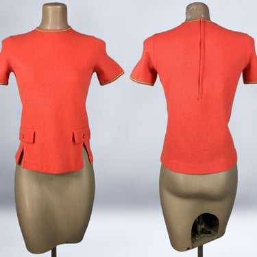 VINTAGE 60s Day-Glo Orange Short Sleeve Knit Wool Sweater | Fully Fashioned 1960s MOD Sweater girl | VFG 