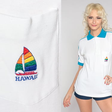 Hawaii Rainbow Shirt 80s Polo Shirt Sailboat Vacation Striped Hawaiian Shirt Half Button Up Shirt Collared 1980s Boat Vintage Small Medium 