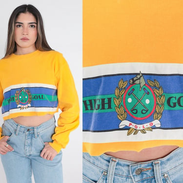 Yellow Crop Top 80s Polo Long Sleeve Shirt High Goal Graphic Logo Tee Blue Striped Tshirt Cropped T-Shirt Streetwear Vintage 1980s Large L 