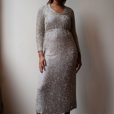 Victoria Royal Silver beaded silk gown