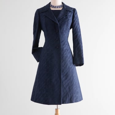 Fabulous 1960's MAX MARA Navy Blue Silk Brocade Dress & Coat Set / Medium