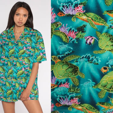 Turtle Shirt 90s Under the Sea Print Button Up Tropical Fish Hawaiian Top Summer Beach Surfer Green Blue Vintage 1990s Cotton Mens Large L 
