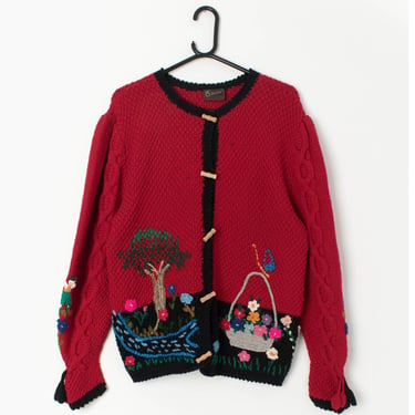 80s red folk cardigan with pretty embroidered floral countryside scene - Medium/Large 