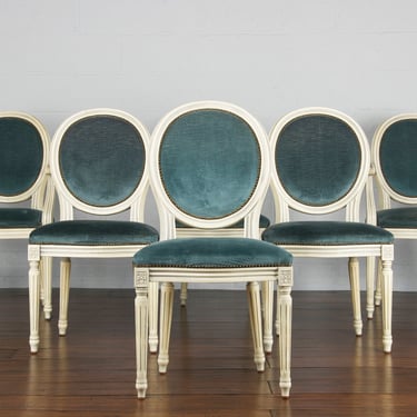 Country French Louis XVI Style Provincial Painted Blue Velvet Dining Chairs - Set of 6 