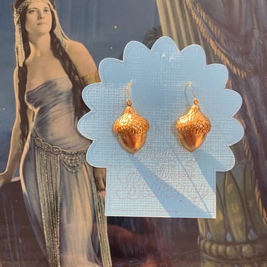 Brass Golden Acorn Dangle Earrings. By Chubby Dust Bunny. 