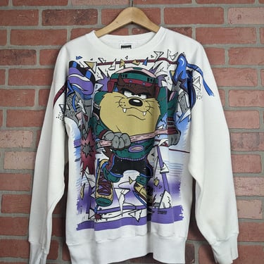 Vintage 90s Tazmanian Devil MVP Hockcey ORIGINAL All Over Print Crewneck Sweatshirt - Extra Large 