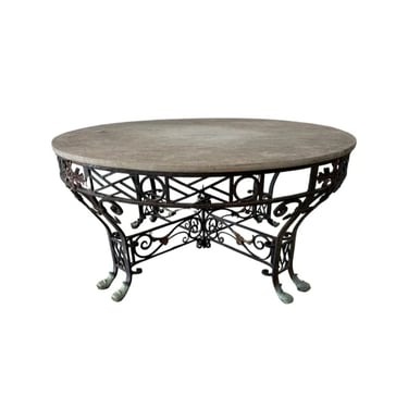 Antique French Forged Wrought Iron Bronze & Stone Indoor / Outdoor Patio Round Coffee Table 